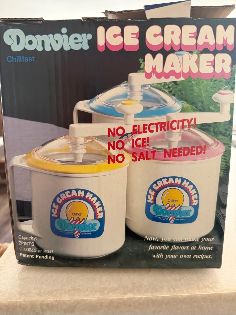 Vintage Donvier Ice Cream Maker - White with Yellow, Blue, Pink Lids